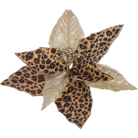 Adorno para el árbol de Navidad con forma de flor de poinsettia, de tela con estampado de leopardo, diámetro: 24 cm - Feeric lights & christmas