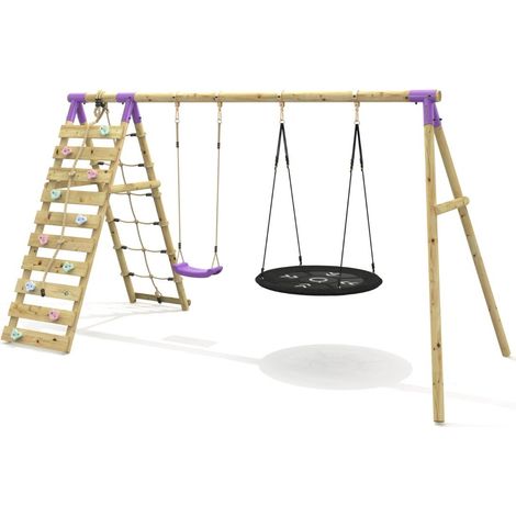 Rebo Double Garden Swing Set with Climbing Wall for Kids - Vale Purple (1/5)