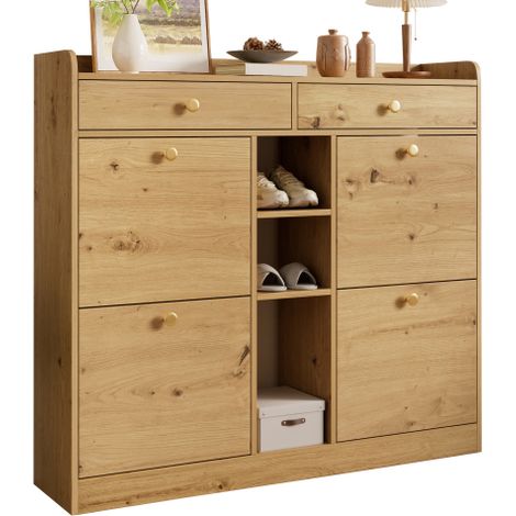 Armoire élégante en bois pour chaussures avec 4 portes battantes, 2 tiroirs coulissants et 3 compartiments ouverts – Meuble d’entrée moderne pour hall et entrée, dimensions : 110 x 26 x 100 cm