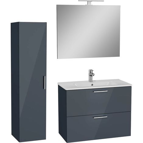 Vitra Set Mia ensemble meuble 79x61x39,5 cm avec miroir, lavabo, éclairage LED + armoire 145x35x35cm, Anthracite brillant
