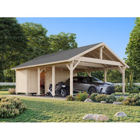 Garage en bois Robert 40,6 m2 avec abri extension Naturel (1/5)