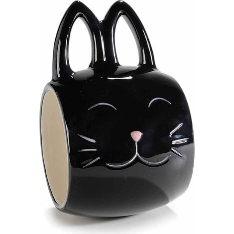 Tazze a forma di gatto nero in ceramica colorata nera con manico a forma di orecchie, set da 3 pezzi, Ø 10,5 cm x 8,5 H