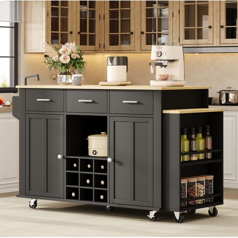 Isla de cocina móvil con tablero extraíble, 3 cajones, botellero, MDF, negro/natural (1/5)