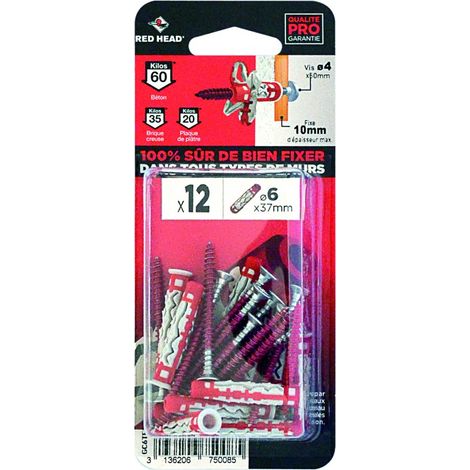 Lot De 12 Chevilles Et Vis Couleur Red Head, Diam.6 Mm X L.37 Mm (1/3)