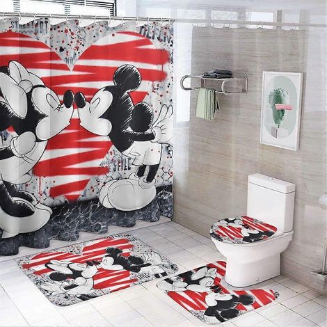 Ensemble de douche familial Mickey 4 pièces avec tapis antidérapants, couvre-toilette et tapis de bain, rideaux imperméables + 12 crochets, 183 x 183 cm (1/5)