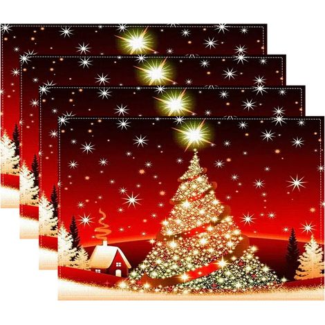 Placemat De Noel - 12x18 Pouces - Imprimé Village Arbre De Noel - En Lin - Pour Décoration De Table De Fête - Lot De 4 (1/5)