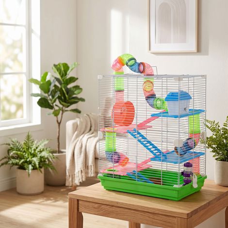 Cage à hamster à 5 niveaux avec tubes, roue, maisonnette, échelles et biberon. Cage pour rongeurs en métal et plastique. 46 x 30 x 58 cm. Verte.