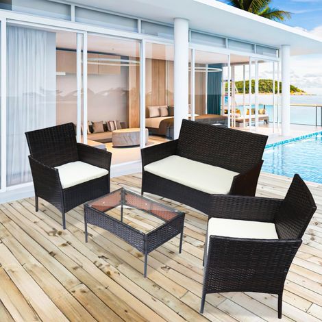 SWANEW Set di mobili da giardino in resina intrecciata nera - 4 posti - Divano + Poltrona + Tavolo (1/5)