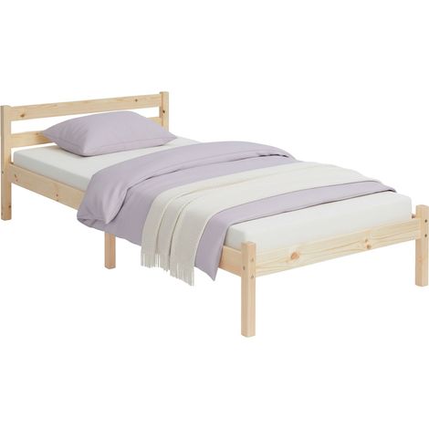 FurnitureR Lit en bois pour adultes, cadre en pin, tête et pied style nordique, rangement sous le lit, idéal pour les adolescents ou la chambre d'hôtes, couleur bois naturel, simple 90 x 190 cm (1/5)