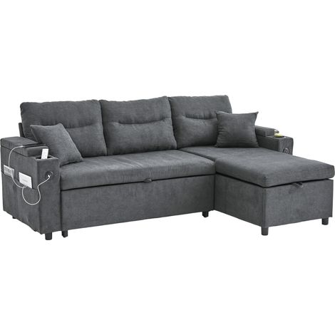 Sofá Convertible 3 Plazas con Almacenaje, Portavasos, USB-C y Cama Cajón, Lino Gris Oscuro (1/5)