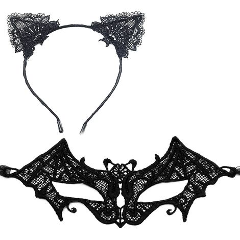 Bandana Oreilles De Chat - Masque En Dentelle Noir - Pour Fête Costumée Et Carnaval - Lot De 1 (1/5)