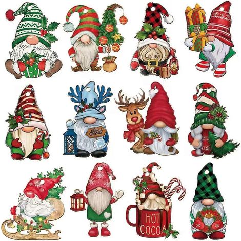 Noël nain bois panneau sapin de Noël sans visage gnome décorations suspendues mignon motif fantaisie pendentif en bois pour la maison et les fêtes décoration,12pcs C (1/5)