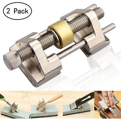 Lot de 2 Guide d'affûtage - En acier inoxydable - Serrage sur le côté - Angle fixe - Avec rouleau en laiton pour ciseaux à bois, lame de rabot, burin plat - Largeur entre 0,8 et 8,2 cm (1/5)