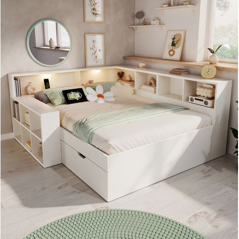 MODFU – Lit adulte 140x190 cm panneaux particules – Rangement, LED et USB/Type-C – Sommier lattes et 362 kg – Chambre – Blanc (1/5)