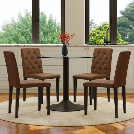 Ensemble table à manger ronde en verre trempé 85 cm avec 4 chaises marron rétro, métal noir (1/5)