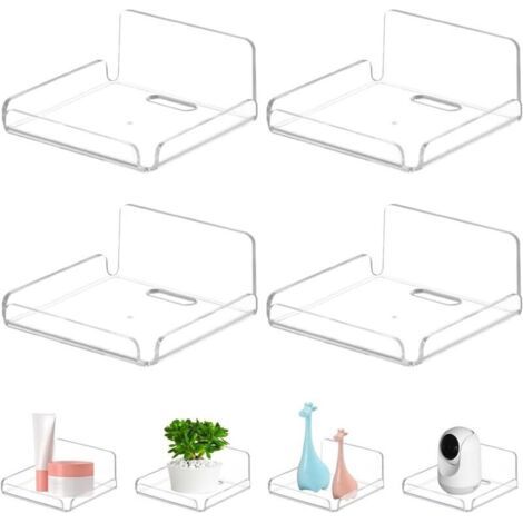 BUNTHAUS Lntyq Lot de 4 petites étagères flottantes en acrylique pour mur, étagère murale flottante adhésive, petite étagère transparente sans perçage, étagères avec coussinets adhésifs pour caméras d