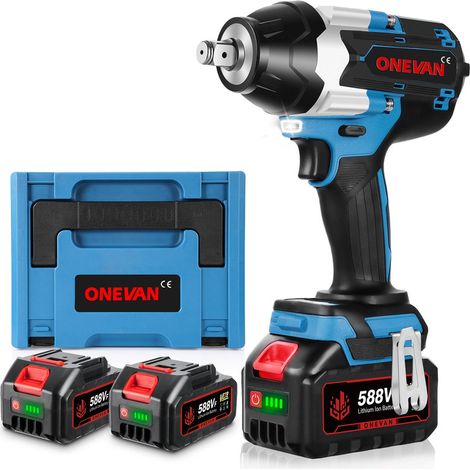 ONEVAN Llave de Impacto Inalámbrica 1000Nm , 3 velocidades,1/2" Pistola de Impacto Electrica con dos baterías de 3,0 Ah y caja de almacenamiento- azul