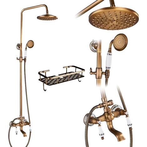 Kit doccia in ottone anticato, design a doppia maniglia, funzionalità regolabile in altezza, mensola in ottone anticato E (1/2)