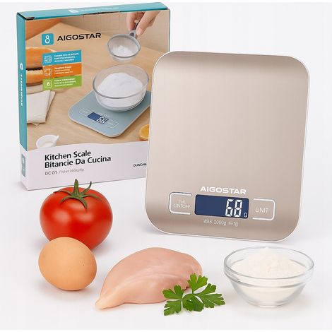 Aigostar Bilancia da Cucina Digitale 5 Kg in Acciaio Inox – Funzione Tara, Display LCD, 4 Unità di Misura (1/5)
