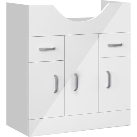 Acezanble Under Sink Bathroom Storage Cabinet High Gloss White Vanity Unit Free Standing Furniture Cupboard with 2 Drawers, 3 Doors, Shelf and Handles, 820x340x781mm