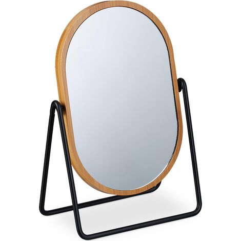 Miroir de Table, 360° Rotatif, Rond, H x L : 18 x 12 cm, Cadre en Bambou, Support en métal, Naturel/Noir (1/5)