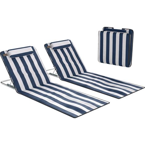 Outsunny conjunto de 2 esterillas de playa plegable esterillas con respaldo reclinable en 5 niveles reposacabezas y bolsa de transporte blanco y azul (1/5)