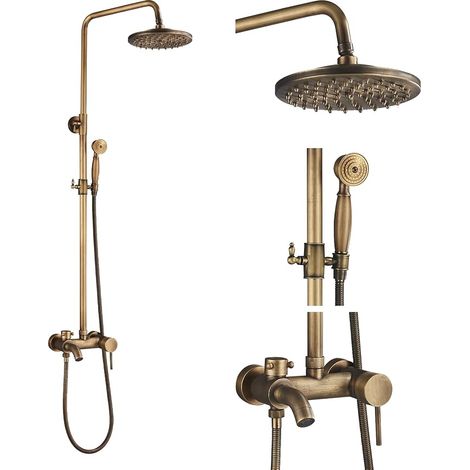 Vintage Brass Shower Column with Mixer Tap with Hand Shower, Shower Head and Bath Drain, Adjustable Height from 100 to 135 cm (1/5)