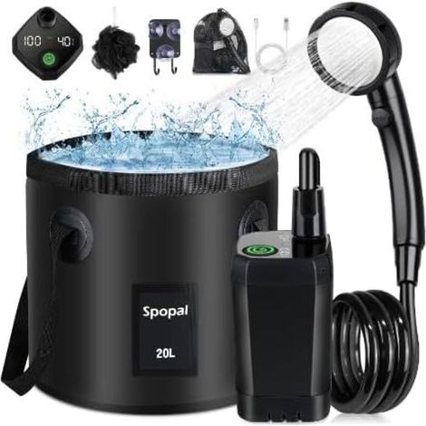 Camping Douche Portable. Kit Douche de Camping.Rechargeable.6000mAh. avec Seau Pliable 20L.Afficheur Intelligent et Pomme de Douche 4 Modes pour Extérieure.Camping (1/5)