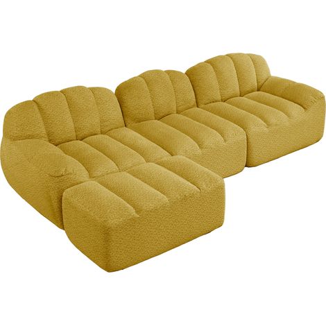 Divano modulare L a 3 posti con 1 pouf, tessuto giallo, schiuma 32D (1/5)