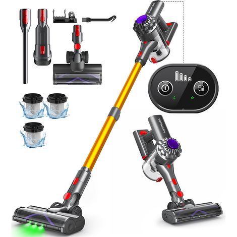 Aspirateur Balai sans fil 6 en 1 avec LED Verte, 40 kPa, Aspirateur avec Brosse à Plancher Améliorée, pour Tapis, Sols Durs, Poils d’animaux, Doré