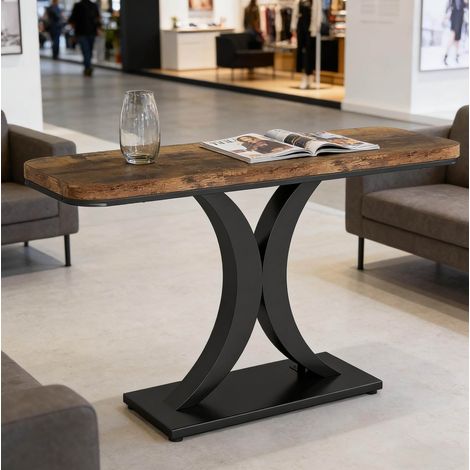 Mesa consola 100x29.5 cm negro y marrón rústico en metal y madera con tablero curvado (1/5)