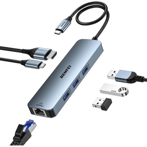 HUB USB C 6-en-1 avec HDMI(4K@60Hz), RJ45 Gigabit Ethernet, 100W PD, 3USB 3.0, câble en Silicone, boîtier en Aluminium Compatible avec iPhone 15 Pro/Max, MacBook, iPad Pro, iMac, S23, XPS17 (1/5)