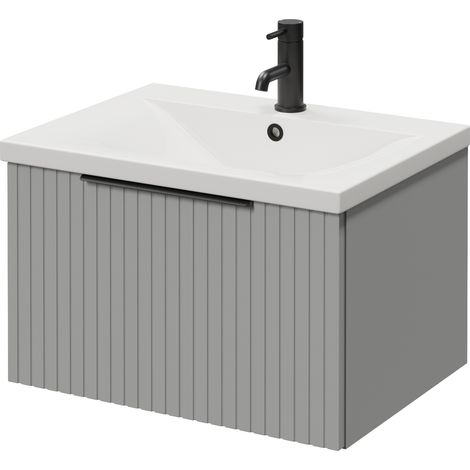 Helix 460 Fluted Pebble Grey 600mm Wall Mounted 1 Drawer Vanity Unit with Glide Basin