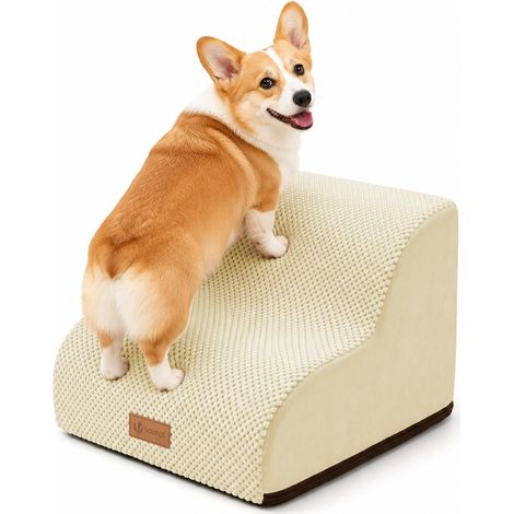 Escalier pour Chien et Chat à 2 Marches en Mousse Haute Densité Antidérapante Déhoussable Lavable Rampe pour Chien Accès Canapé Lit pour Animaux Âgés ou Blessés avec Poignée Beige (1/5)