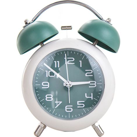 Réveil pour enfants, 4 pouces métal double cloche, piles pour gros dormeurs adultes, mouvement silencieux quartz avec veilleuse, petite horloge de table pour chambre salon bureau (Vert) (1/5)
