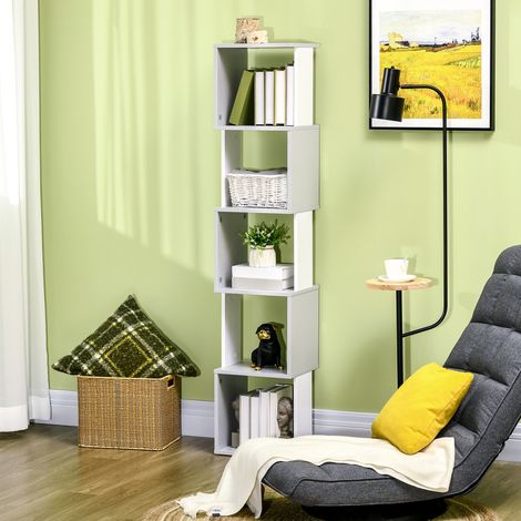 Libreria a forma di S con 5 ripiani per soggiorno o ufficio, 33x28x161 cm, bianca e grigia (1/5)