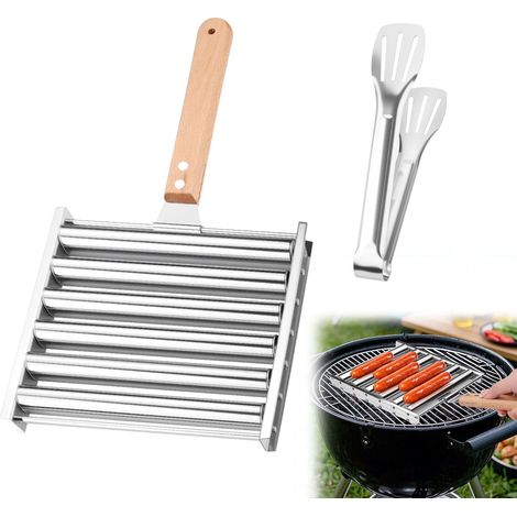 Rouleau de hot-dog en acier inoxydable de 18,3 cm pour barbecue avec long manche et spatule en métal, machine à hot dog pour saucisses, barbecue, camping en plein air, capacité de 5 hot-dogs