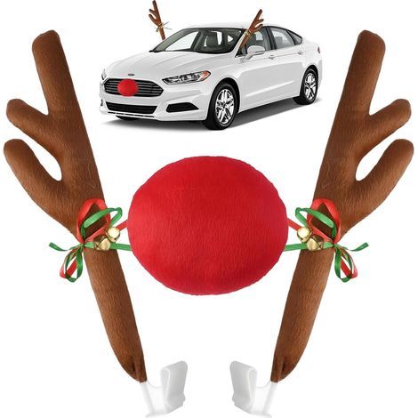 Bois de Renne pour Voitures, Noël Renne Voiture Décoration, Renne Nez Rouge Voiture Costume, S'applique à Transformez Votre Véhicule Mignon Renne pour Ajouter Ambiance Festive Noël (1/5)
