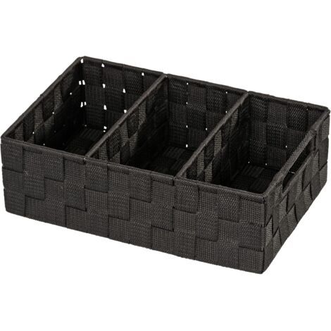 Organiseur de Salle De Bain Adria avec Poignés, Boîte De Rangement avec 3 Compartiments, Plastique Tissé, en Polypropylène, Dimensions : 32 x 10 x 21 cm, Couleur : Noir (1/5)