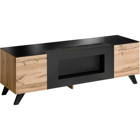 Meuble TV Thin avec cheminée bioéthanol - Bois MDF noir et chêne Wotan - 150 x 47 x 45 cm - Livraison gratuite