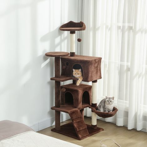 Katzenkratzbaum 140 cm mit Plattformen, Bett, 2 Höhlen, Hängematte, Leiter, braunen Sisalstämmen
