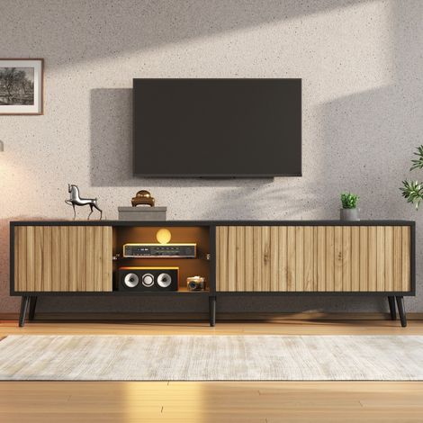 Meuble TV LED 175x31x43,5 cm bois naturel noir 6 pieds vitrine verre trempé 3 compartiments support tv 75 pouces salon rangement (1/5)