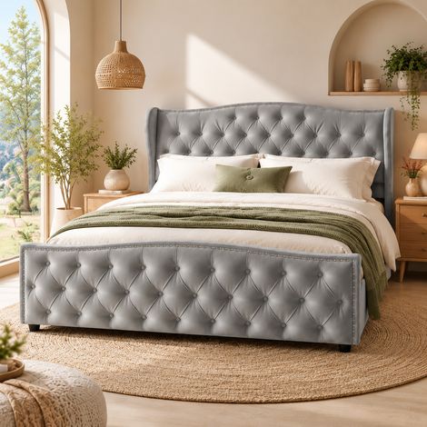 Lit coffre capitonné 140x200 cm–Lit double pour adulte de 140 x 200–Velours gris–Sommier à lattes–Rangement hydraulique–Motif en losanges avec rivets