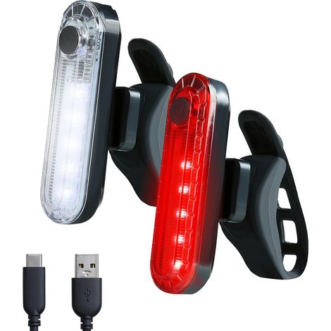 Luci anteriori e posteriori per bicicletta, ricaricabili tramite USB-C, 4 modalità di illuminazione a LED, impermeabili e luminose, set per caschi, monopattini e mountain bike. (1/5)
