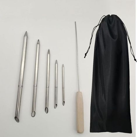 Rope splicing kit, 7-piece stainless steel set including splicing needles in 5 sizes, a slider, and a storage bag. For braiding, knotting, and quick unwinding. (1/2)