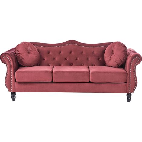 Sofa Dark Red Velvet 3 Seater Nailhead Trim Button Tufted Throw Pillows Rolled Arms Glam SKIEN (1/5)