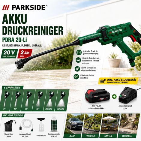 PARKSIDE Akku Druckreiniger PDRA 20-Li, 6 Sprüharten, mit Akku 2 Ah, Ladegerät (1/4)