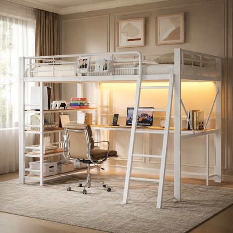 Letto a soppalco adulto 140 x 200 cm con scrivania integrata, metallo bianco HAVRYA (1/5)