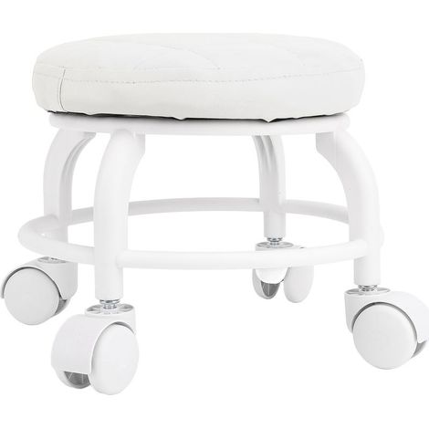 Tabouret roulant bas en cuir PU blanc, roulettes silencieuses pivotantes, siège compact pour atelier garage bureau 25x23cm (1/5)