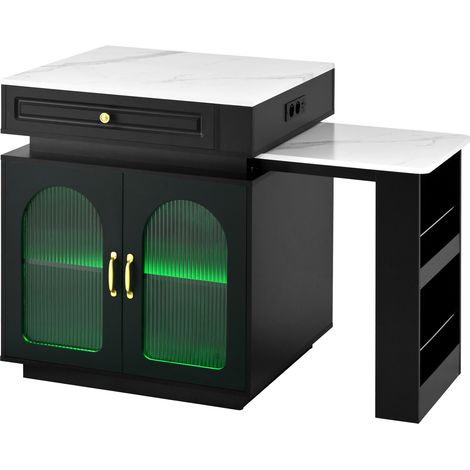 CHICFURN Isla de cocina con ruedas extensible, mesa de comedor con LED y enchufes USB Type-C, aparador bar de MDF y vidrio negro para cocina y comedor (1/5)